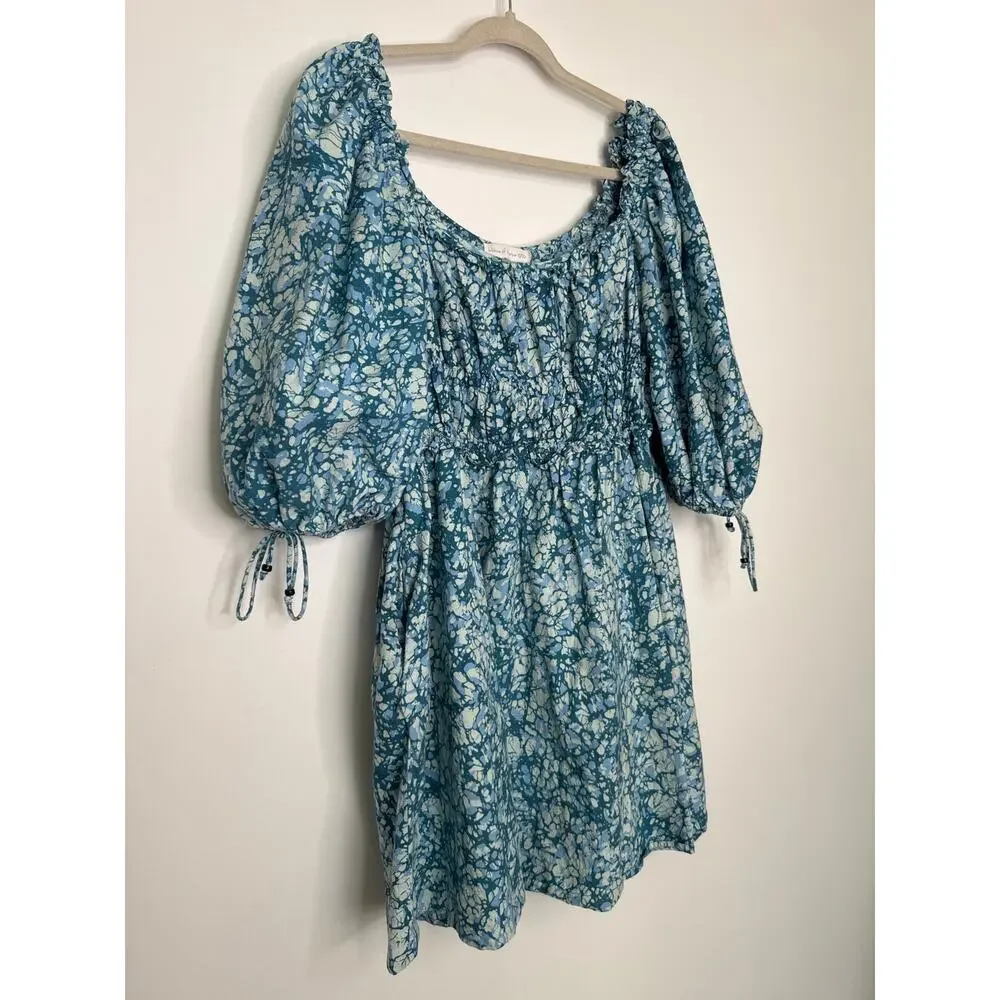 House of Harlow 1960 Blue Cotton Puff Sleeve cottagecore boho Mini Dress XL